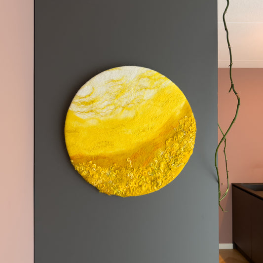 Rond schilderij van wol - Yellow
